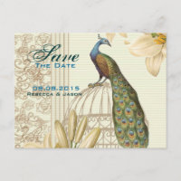 Vintage lily floral peacock wedding save the date
