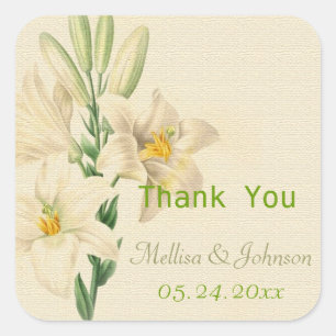 vintage lily flowers wedding favour thank you square sticker