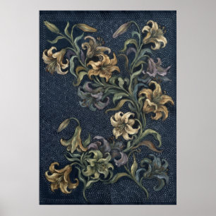 Vintage Lily Tapestry Navy Botanical Art Poster