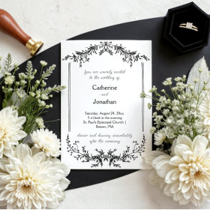 Vintage Line Drawn Floral Black & White Wedding Invitation