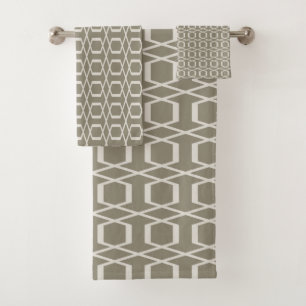 Vintage Linear Geometry Line Art Pattern in Taupe Bath Towel Set