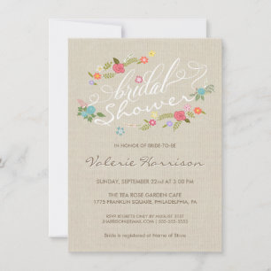 Vintage Linen Floral Wreath Bridal Shower Invites