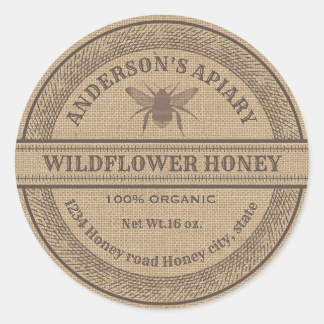 Vintage linen honeybee apiary honey jar label (Front)
