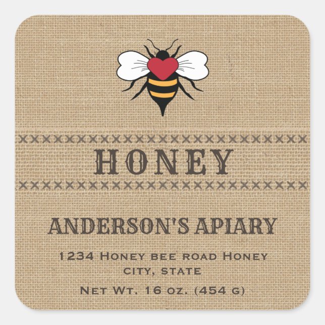 Vintage linen rustic  bee honey jar label (Front)