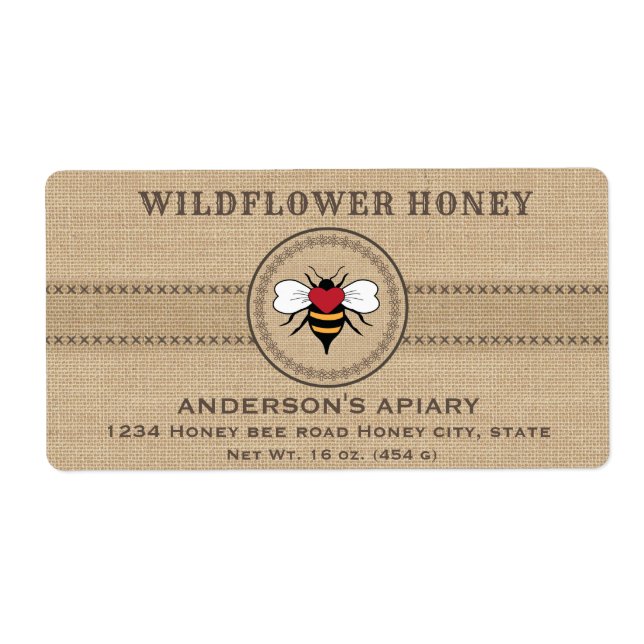 Vintage linen rustic  bee honey jar label (Front)