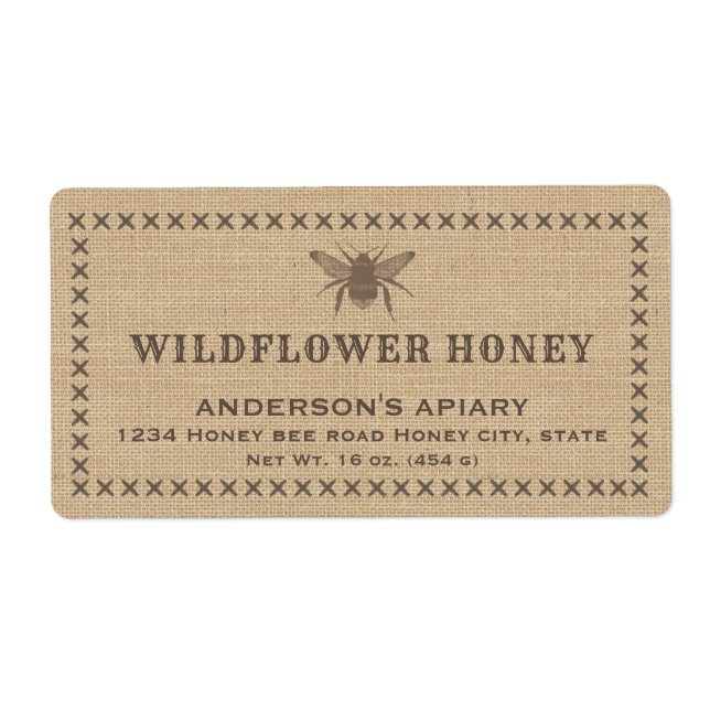Vintage linen rustic  bee honey jar label (Front)