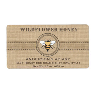 Vintage linen rustic  bee honey jar label