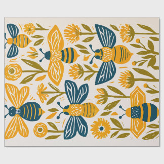 Vintage Linocut Honey Bee - Mustard & Navy Wrapping Paper