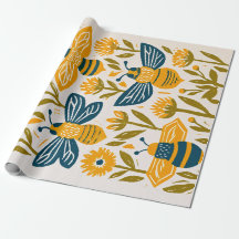 Vintage Linocut Honey Bee - Mustard & Navy