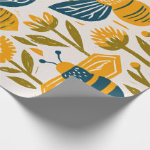Vintage Linocut Honey Bee - Mustard & Navy