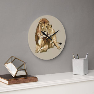 Vintage Lion Family Art Wildlife Large Clock