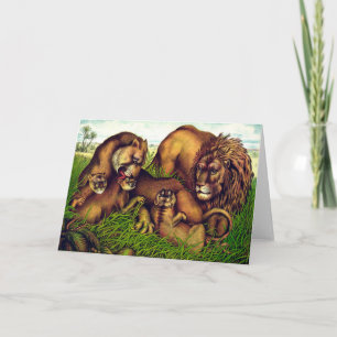 Vintage lion family painting card