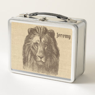 Vintage Lion Illustration on Burlap Personalised Metal Lunch Box