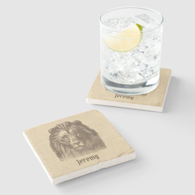 Vintage Lion Illustration on Burlap Personalised  Stone Coaster (Side)