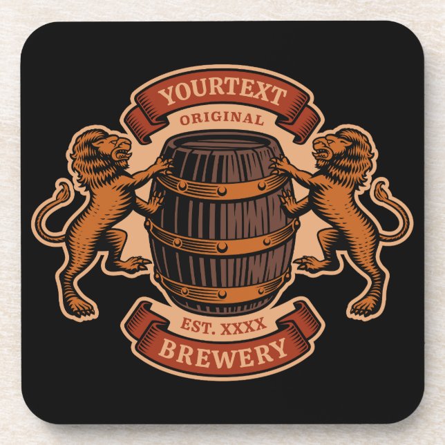 Vintage Lion Oak Barrel Personalised Brewery Beer  Coaster (Front)