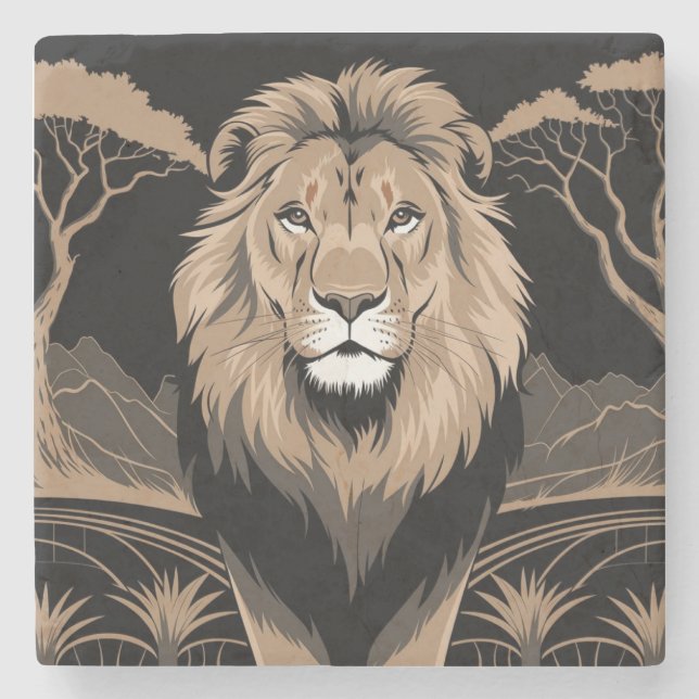 Vintage Lion Portrait Stone Coaster (Front)