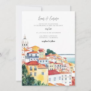 Vintage Lisbon Watercolor Wedding Invitation