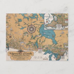 Vintage Literary Map of Canada Postcard