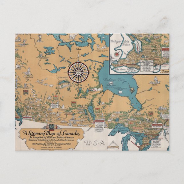 Vintage Literary Map of Canada Postcard (Front)