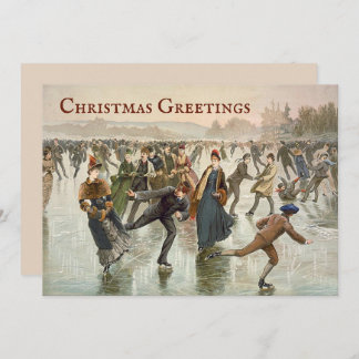 Vintage Lithograph of Ice Skaters Christmas Holiday Card
