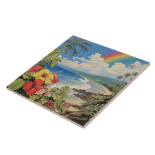 Vintage lithograph tropical art ceramic tile