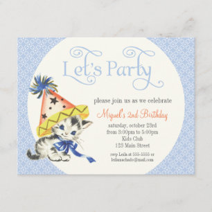 Vintage Little Cat with Party Hat Birthday Party Invitation