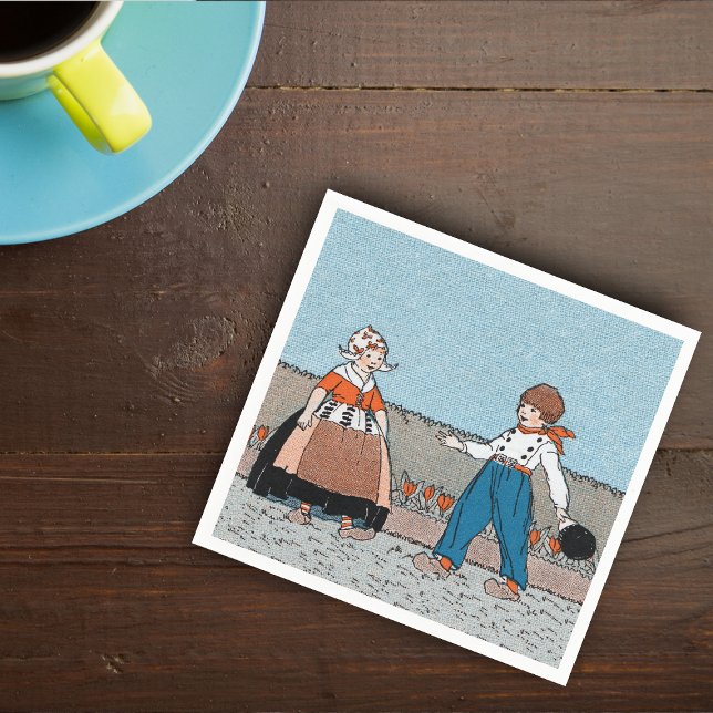 Vintage Little Dutch Girl Boy Traditional Dress Napkin (Little Dutch girl and boy traditional clothing wood shoes red tuilips on napkin.)