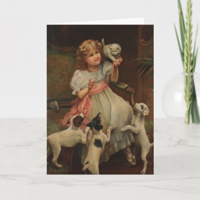 Vintage - Little Girl and Her Pets, Card (Front)