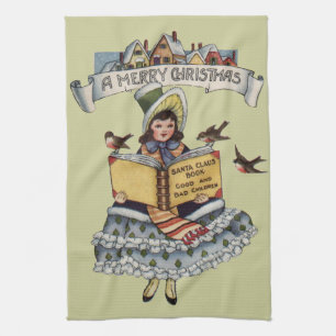 Vintage Little Girl and Xmas Santa Claus Book Tea Towel