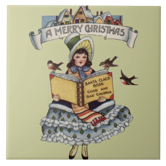 Vintage Little Girl and Xmas Santa Claus Book Tile (Front)
