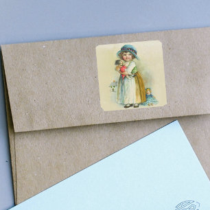 Vintage Little Girl Chubby Cheeks Hat Dolls Square Sticker