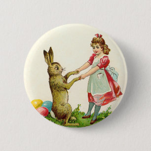 Vintage Little Girl Dance with Bunny Easter Egg 6 Cm Round Badge