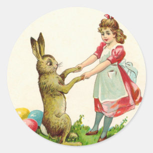 Vintage Little Girl Dance with Bunny Easter Egg Classic Round Sticker