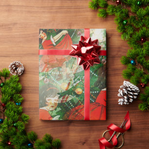 Vintage Little Girl in Red Dress & Christmas Tree Wrapping Paper