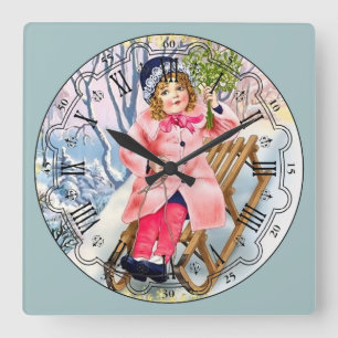 Vintage Little Girl on a Snow Sled Roman Numeral Square Wall Clock