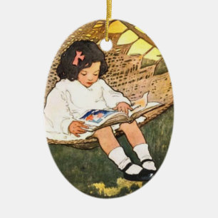 Vintage Little Girl Reading in a Hammock Ceramic Ornament