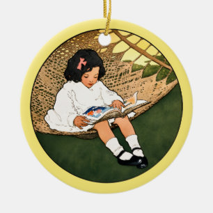 Vintage Little Girl Reading in a Hammock Ceramic Ornament