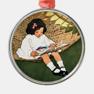 Vintage Little Girl Reading in a Hammock Metal Ornament