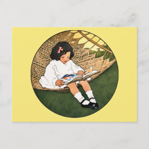 Vintage Little Girl Reading in a Hammock Postcard