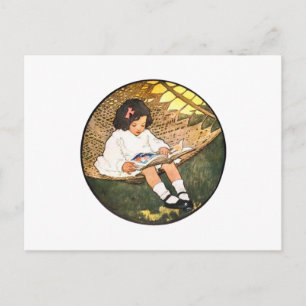 Vintage Little Girl Reading in a Hammock Postcard