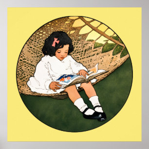 Vintage Little Girl Reading in a Hammock Poster