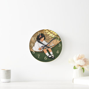 Vintage Little Girl Reading in a Hammock Round Clock