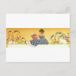 Vintage Little Girl Reading with Rabbits Postcard