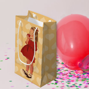 Vintage Little Girl Red Dress Apple Small Gift Bag