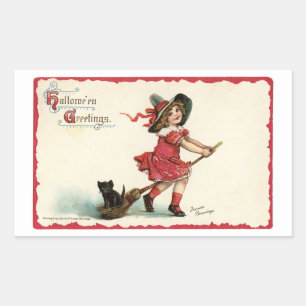 Vintage Little Girl Witch Rectangular Sticker
