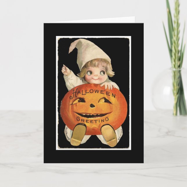 Vintage Little Girl with Big Halloween Pumpkin Card (Front)