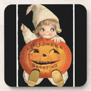 Vintage Little Girl with Big Halloween Pumpkin Coaster