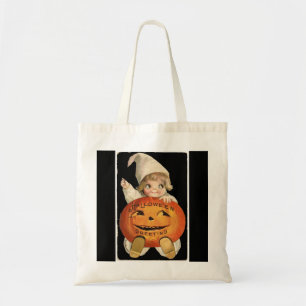 Vintage Little Girl with Big Halloween Pumpkin Tote Bag