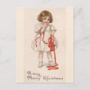 Vintage Little Girl With Christmas Ribbon Holiday Postcard