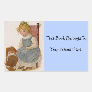 Vintage Little Girl with Doll Book Name Plate Rectangular Sticker